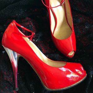 Giuseppe Zanotti red patent peep ankle strap heel
